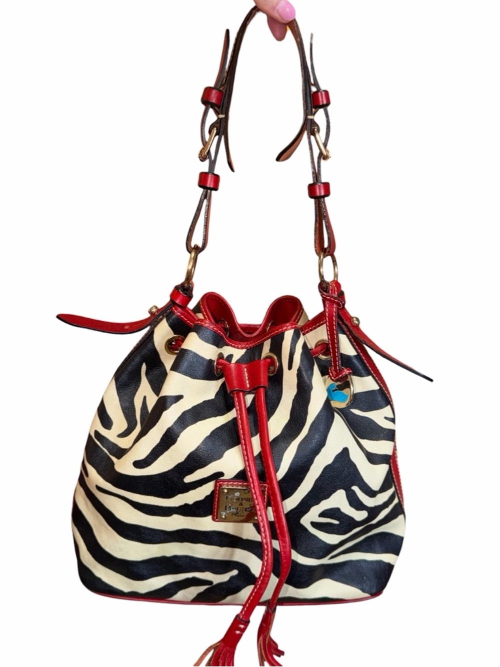 REHAB Dooney & Bourke Red Trim Zebra-Print Drawstring Bucket Bag - Picture 2 of 14